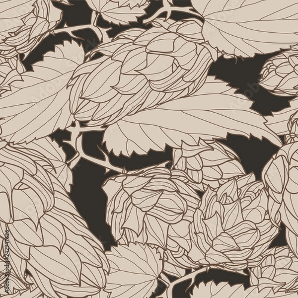 Fototapeta Hand drawn Hops Seamless pattern. Common hop or Humulus lupulus branch with leaves and cones. Vector Illustration.