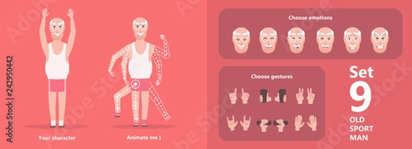 Fototapeta Grandpa in shorts and T-shirt. Isolated body parts character to create poses. A set of emotions and gestures. Isolated illustration - vector