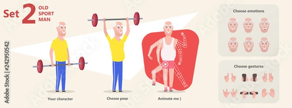 Fototapeta Happy grandpa old man character doing exercise workout with dumbbell. Active healthy lifestyle retirement cartoon. Set of isolated body parts for choosing posture, character emotions and hand gestures