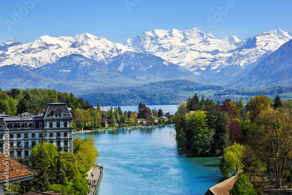 Obraz Thuner lake viewed from Thun city with beautiful panorama view to Alps snow mountain scenery - Switzerland
