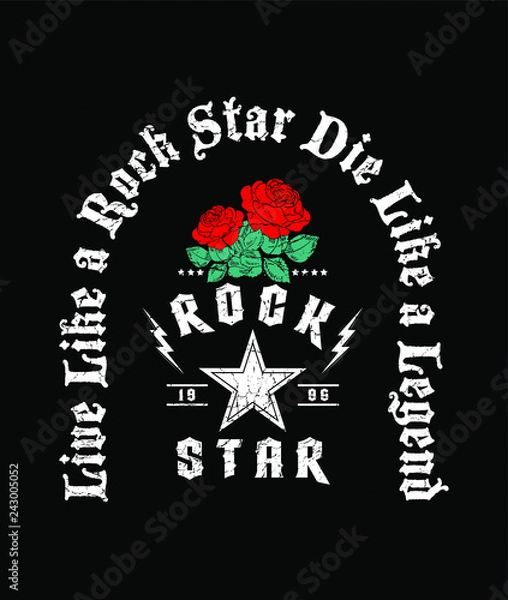 Fototapeta Rock and roll print in black colour and in vector with red roses.