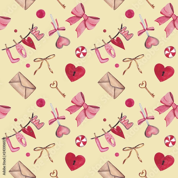 Fototapeta Watercolor seamless pattern for Valentine's day with heart, key, lock, bow, envelope, love, candy. Suitable for invitations, postcards, fabrics, interior design, packing paper, phone cases