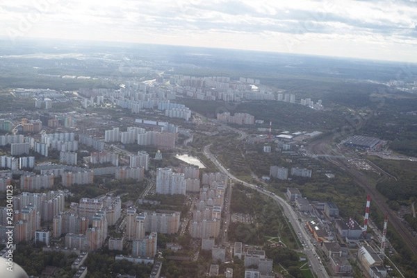 Fototapeta view from the plane to the Moscow region, top view of the city