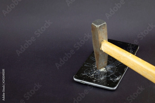 Fototapeta Phone screen crash or durability, endurance test concept on the black background. It could be used in technological area, news, etc.