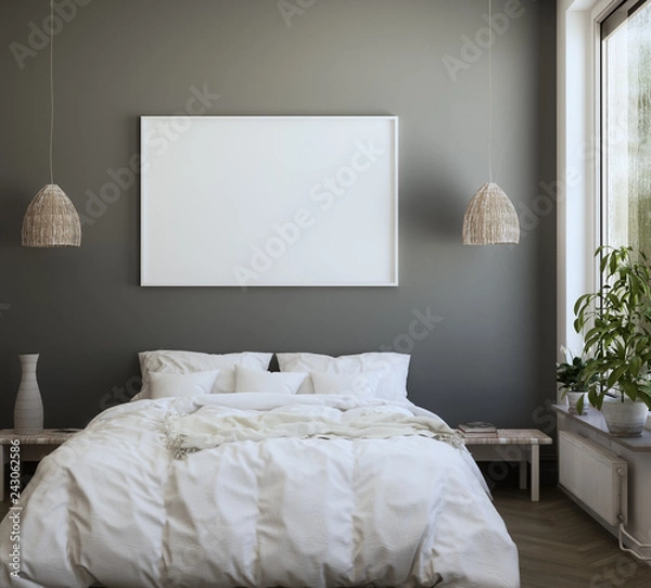 Fototapeta Mock-up poster frame in bedroom, Scandinavian style, 3d render