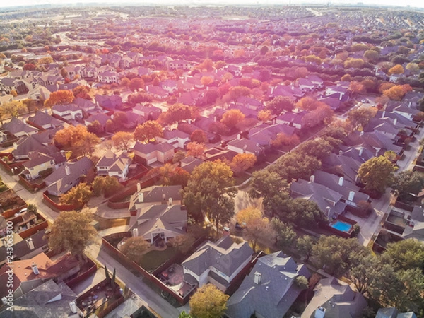Fototapeta Aerial drone view urban sprawl in suburban Dallas, Texas during fall season with colorful leaves. Flyover subdivision with row of single-family detached houses and apartment complex