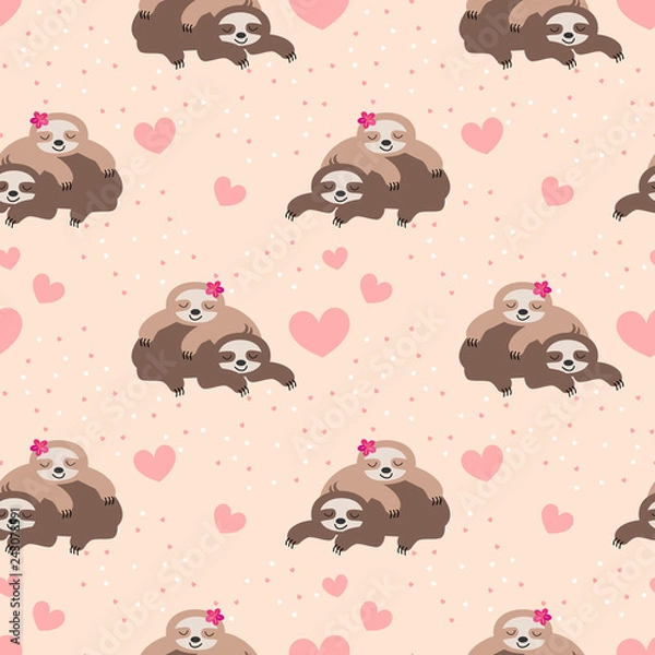 Fototapeta Cute couple sloth seamless pattern.