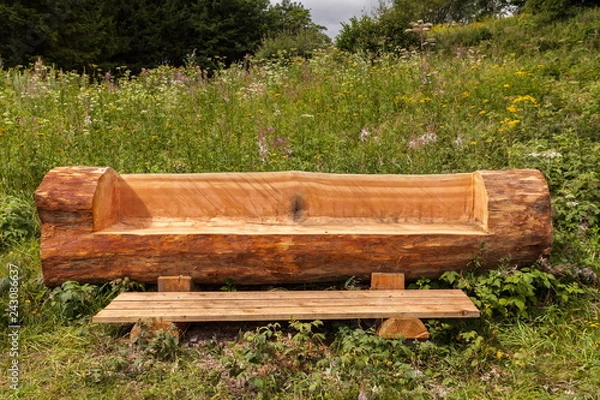 Fototapeta Holzbank aus einem Baumstamm