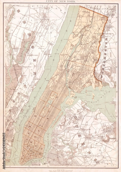 Fototapeta Stara mapa Nowego Jorku, Queens and the Bronx, Bien 1895