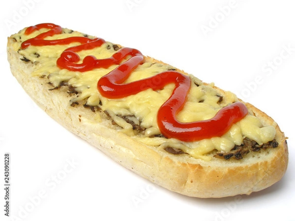 Fototapeta Baguette with champignons, cheese and ketchup isolated on white with clipping path