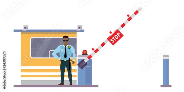 Fototapeta uniformed officer or protective agent near security cabin and gate with alarm,