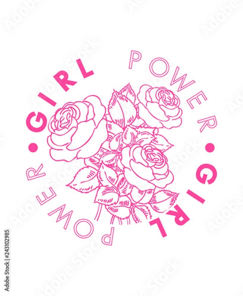 Fototapeta Girl Power slogan with roses in pink color, in vector, for fashion and other uses.