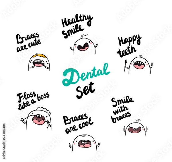 Obraz Dental set hand drawn illustrations with cute marshmallow wearing braces and cleaning teeth