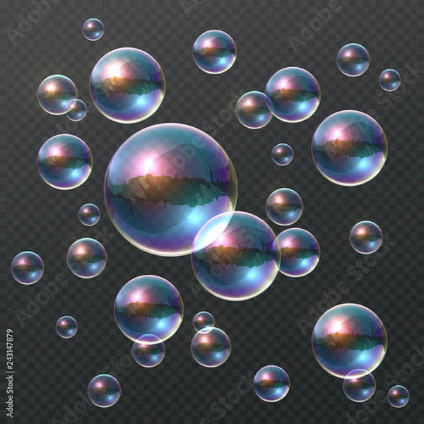 Fototapeta Transparent soap bubble. Realistic colorful 3D bubbles, rainbow clear shampoo ball with color reflection. Vector design template