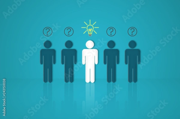 Obraz leadership creative idea concept white human outstanding with light bulb thinking clever and intelligent while other one still standing and have a question. business success plan leader.