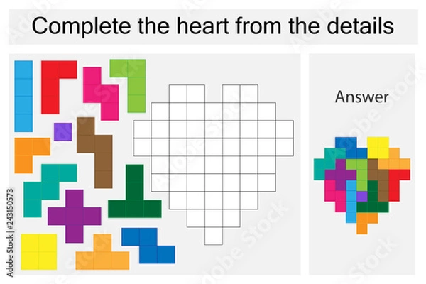 Fototapeta Puzzle game with colorful details for children, complete the heart, hard level, education game for kids, preschool worksheet activity, task for the development of logical thinking, vector illustration