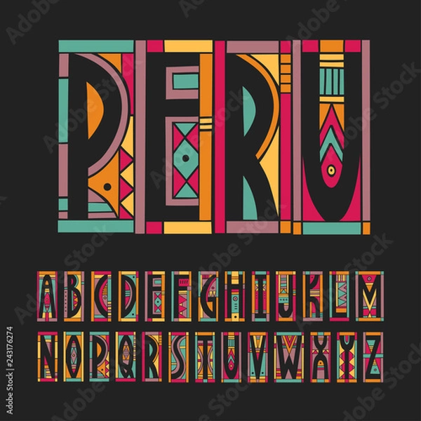 Fototapeta Vector trendy alphabet made of cutout geometric colored shapes on a black background. Peru palette