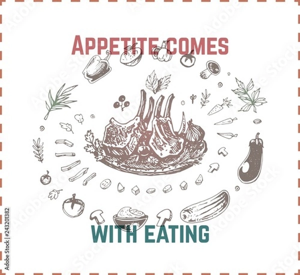 Obraz Grilled pork ribs illustration. Vector sketch