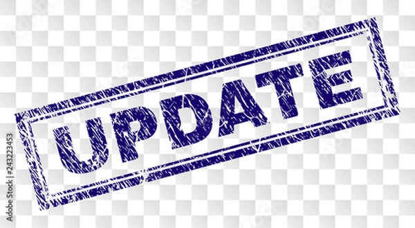 Fototapeta UPDATE stamp seal print with rubber print style and double framed rectangle shape. Stamp is placed on a transparent background. Blue vector rubber print of UPDATE label with unclean texture.