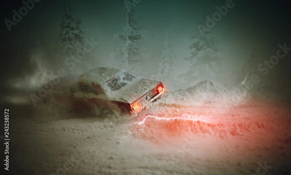 Obraz car accident in winter forest