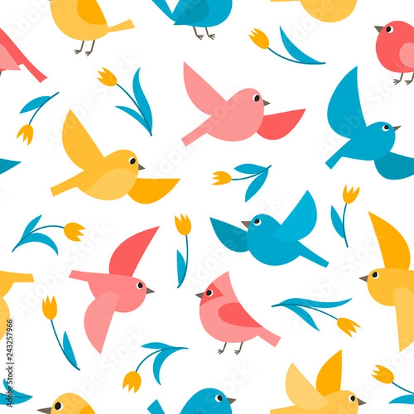 Fototapeta Pattern with colorful flying birds isolated on white.
