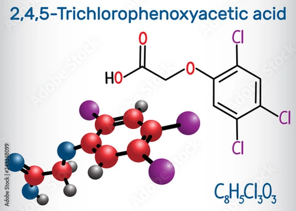Fototapeta 2,4,5-Trichlorophenoxyacetic acid (2,4,5-T) molecule. Structural chemical formula and molecule model.