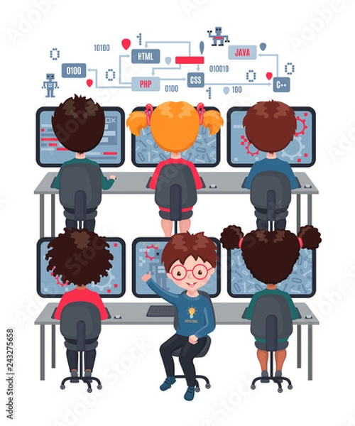 Obraz Kids learn coding on laptops in school.