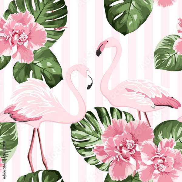 Obraz Egzotyczne różowe ptaki flamingo para. Jasne kwiaty kamelii. Tropikalne zielone liście monstera. Modny wzór.
