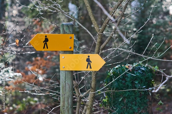 Fototapeta Two yellow hiking trail signs arrows with hiker figures pointing in opposite directions on a wooden sign post in Switzerland.