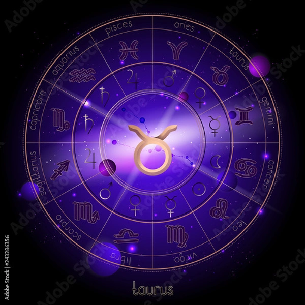 Fototapeta Vector illustration of sign and constellation TAURUS and Horoscope circle with astrology pictograms against the space background.