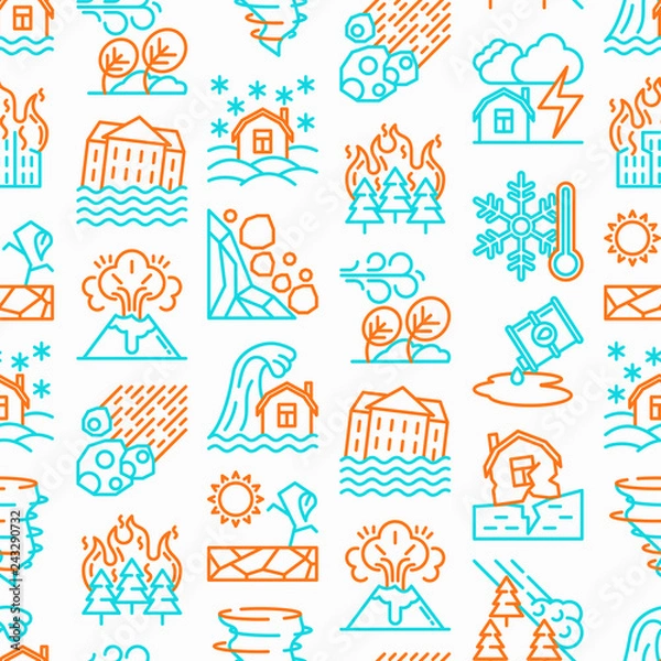 Fototapeta Disasters seamless pattern with thin line icons: earthquake, tsunami, tornado, hurricane, flood, landslide, drought, snowfall, eruption, thunderstorm, avalanche, meteorite. Vector illustration.