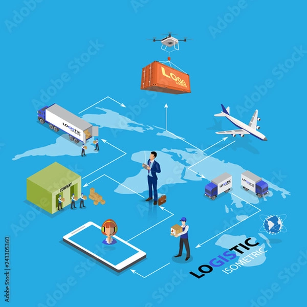 Fototapeta Drone logistics network Flat 3d isometric vector illustration Set container shipping On-time delivery