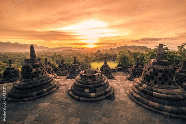 Obraz Dramatic sunset Borobudur Temple at sunset Yogyakarta, Java, Indonesia.