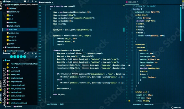 Obraz Css and php code on dark blue background, close up. Splitting of css and php code in the code editor, front view