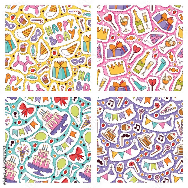 Fototapeta Birthday party seamless pattern vector anniversary cartoon kids happy birth cake or cupcake celebration with gifts and birthday candles flags sticker backdrop set illustration background
