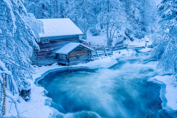Obraz Blue winter river cabin 