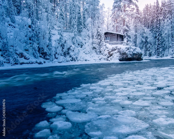 Obraz Blue winter river cabin 