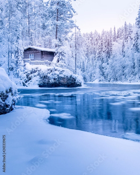 Obraz Blue winter river cabin 