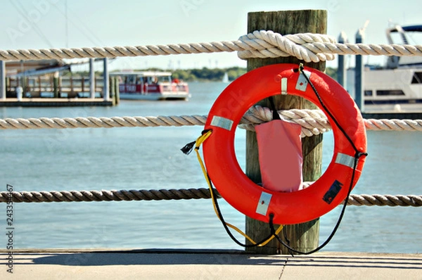 Fototapeta Ropes and lifebuoy on the dock in the marina.