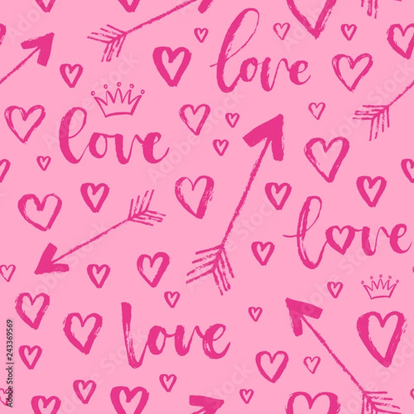 Fototapeta Vector fashion abstract seamless pattern with arrow, hearts on Happy Valentines Day. Cartoon doodle illustration background