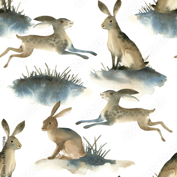 Fototapeta Watercolor illustartion of brown wild hare on white background. Seamles pattern about rabbit on the meadow