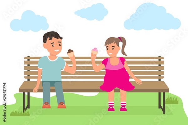Fototapeta Kids Eating Ice Cream in a Park. A boy and a girl are sitting on a bench in the park and are eating ice cream.