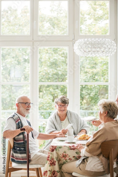 Obraz Group of senior friends enjoying coffee during meeting at home