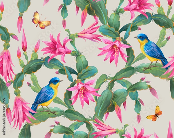 Fototapeta Zygocactus flowers and colorful birds. Seamless background pattern version 5