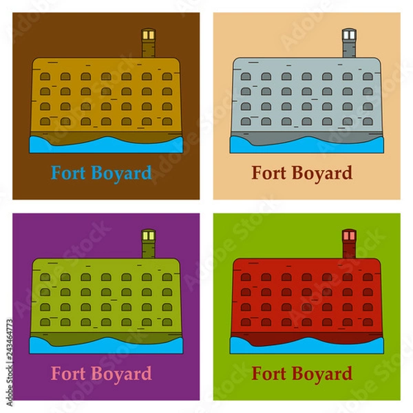 Fototapeta Medieval mediterranean fortress with towers icon. Ancient historical fort isolated on color background. Fort boyard