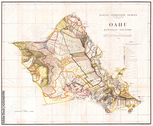 Fototapeta Stara mapa wyspy Oahu, Hawaje, Honolulu 1902, mapa biura lądowego