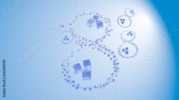 Fototapeta 8 March. Figure of eight made of water drops with ice cubes over blue sky elegant background with copyspace. Decorative greeting grungy or postcard for international Woman's Day. 3d illustration