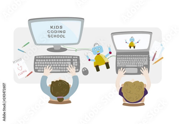 Fototapeta Kids making and programming a robot. Topview workspace vector illustration.