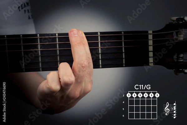 Fototapeta Guitar chord on a dark background. The C eleventh is a six-note chord. C11 tab fingering
