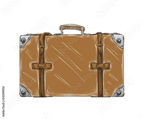 Fototapeta Hand drawn sketch of retro suitcase in brown color isolated on white background. Detailed vintage style drawing. Vector illustration